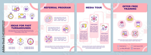 Ideas for fast turnarounds pink brochure template. Marketing. Leaflet design with linear icons. Editable 4 vector layouts for presentation, annual reports. Arial-Black, Myriad Pro-Regular fonts used