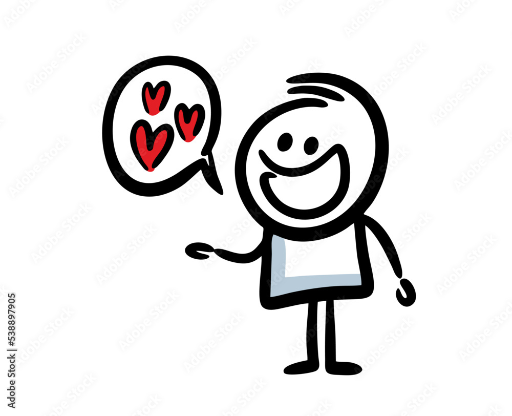 Lovely stickman with comics bubble talking of love. Lovely stickman with comics bubble talking of love.