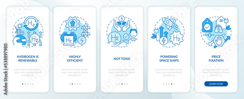 Hydrogen benefits blue onboarding mobile app screen. Eco fuel pros walkthrough 5 steps editable graphic instructions with linear concepts. UI, UX, GUI template. Myriad Pro-Bold, Pro-Regular fonts used