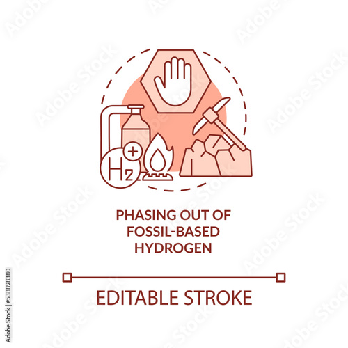 Phasing out of fossil based hydrogen red concept icon. Clean power strategy abstract idea thin line illustration. Isolated outline drawing. Editable stroke. Roboto-Medium, Myriad Pro-Bold fonts used