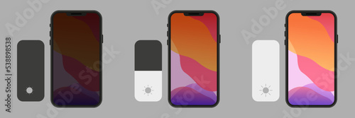 Brightness control in screen mobile smartphone. Vector in flat design