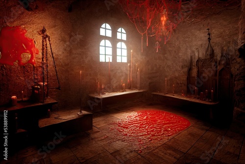 indoor of a terrifying Transylvanian vampire dungeon's torture chamber as candlesticks illuminate the chained tools of torture. 3D illustration and Halloween theme and horror background. photo