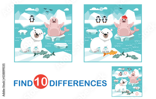 Educational game for children. Find differences. Cute arctic animals in winter