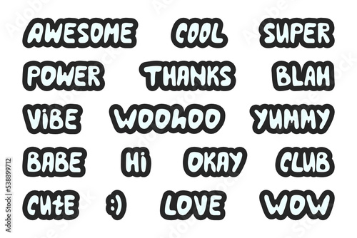 Collection of cute stickers. Words and sounds written in cute cool font. Awesome, cool, super, power, thanks, blah, vibe, woohoo, yummy, babe, hi, okay, club, cute, lowe, wow. y2k style.