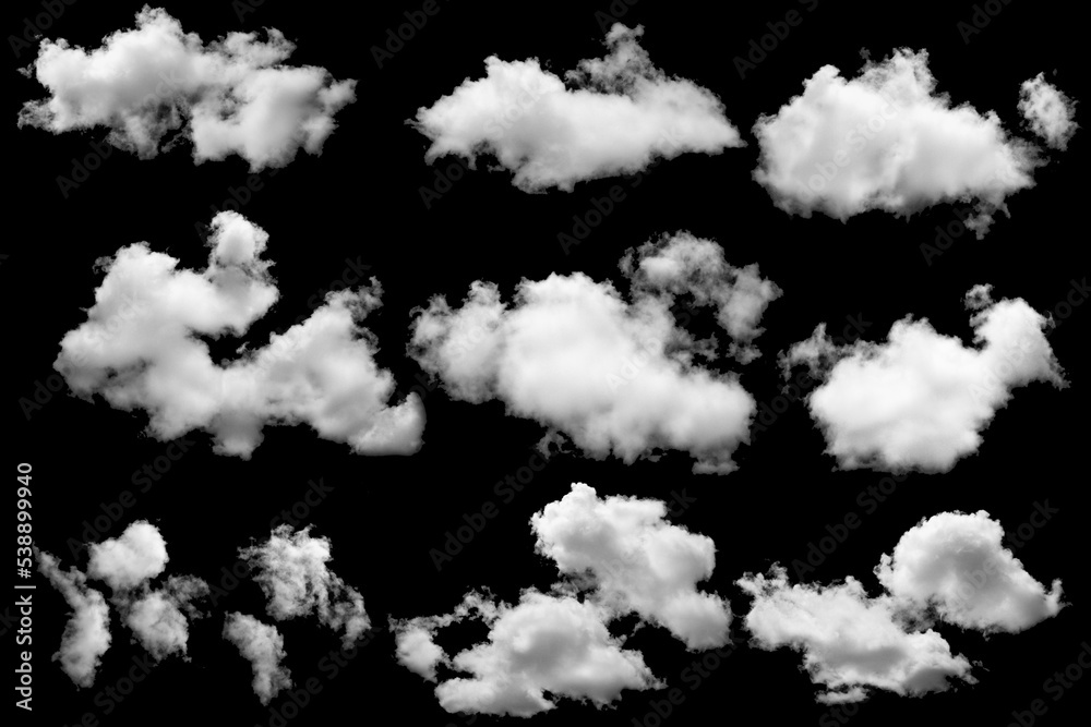Group of clouds white fluffy for design on a isolated elements black background. Group of clouds white fluffy for design on a isolated elements black background.