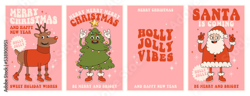 Merry Christmas and Happy New year. Santa Claus, Christmas tree, reindeer, holly jolly vibes in trendy retro cartoon style. Greeting cards, posters, prints, party invitations. Red and pink colors.