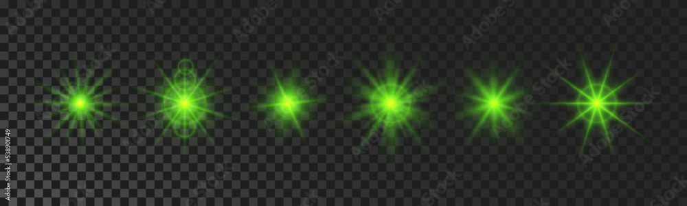 Set of green glowing sparkling stars Set of green glowing sparkling stars