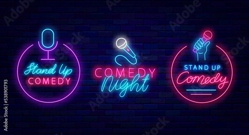 Stand up comedy neon signboards collection. Comic night show. Light signs pack. Vector stock illustration photo