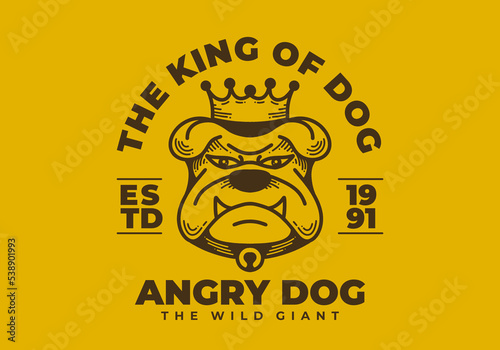 Retro art illustration of a angry bulldog face with crown