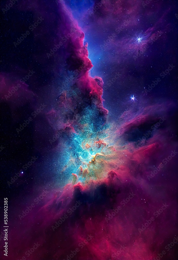 Photorealistic illustration of gorgeous  nebula in outer space. AI generated background is not based on any real image.	