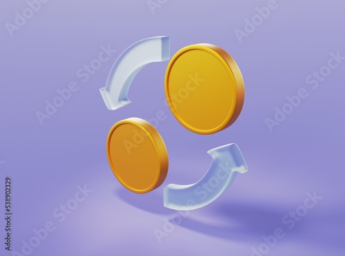 Currency exchange sign with glass arrows and golden coins 3d render