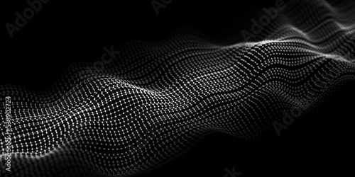 Digital halftone wave with dots on the dark background. The futuristic abstract structure of network connection. Big data visualization. 3D rendering.