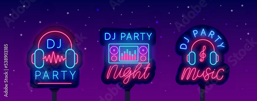 Dj party night neon street billboards collection. Luminous advertisings. Microphone and dj console. Vector illustration