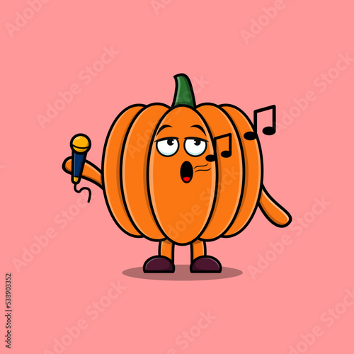 Cute cartoon Pumpkin singer character holding mic in flat modern style design illustrations