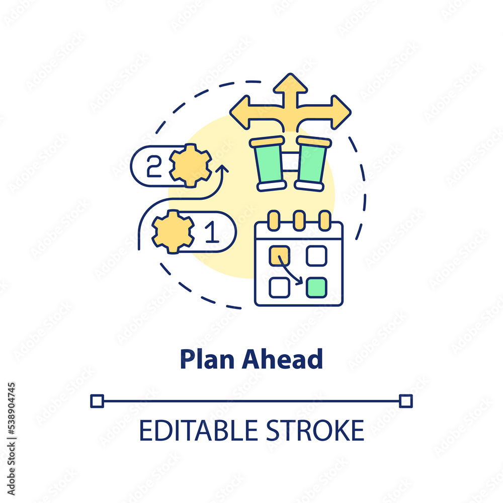 Plan ahead concept icon. Mapping goals. Managing small business finance guide abstract idea thin line illustration. Isolated outline drawing. Editable stroke. Arial, Myriad Pro-Bold fonts used