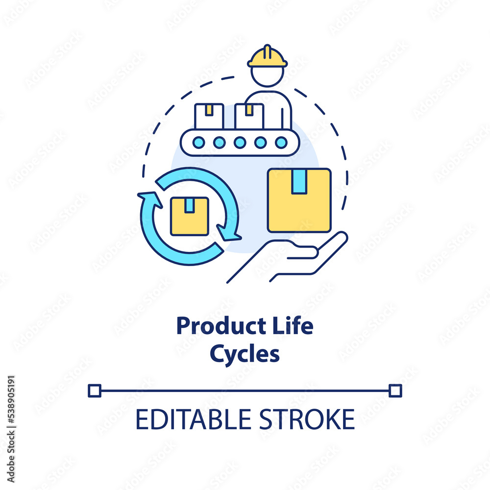 Product life cycles concept icon. Manufacturing process. Financial management issue abstract idea thin line illustration. Isolated outline drawing. Editable stroke. Arial, Myriad Pro-Bold fonts used