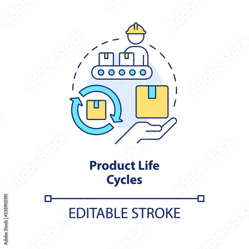 Product life cycles concept icon. Manufacturing process. Financial management issue abstract idea thin line illustration. Isolated outline drawing. Editable stroke. Arial, Myriad Pro-Bold fonts used