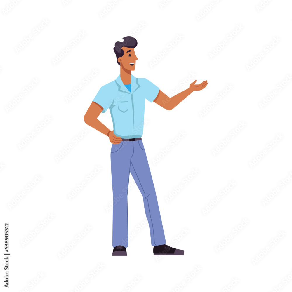 Presenter or guide talking and pointing aside, isolated personage working in museum on excursion. Exhibition or presentation. Flat cartoon character, vector in flat style Presenter or guide talking and pointing aside, isolated personage working in museum on excursion. Exhibition or presentation. Flat cartoon character, vector in flat style