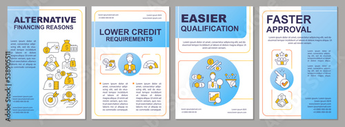 Alternative financing reasons blue brochure template. Leaflet design with linear icons. Editable 4 vector layouts for presentation, annual reports. Arial, Myriad Pro-Regular fonts used