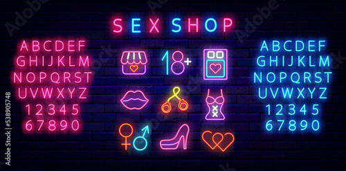 Sex shop neon icons collection. Intimate store emblem. Woman shoe, lingerie and handcuffs. Vector illustration