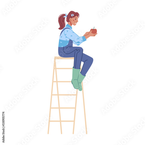 Female character sitting on ladder picking ripe apples, isolated farmer woman on field or garden. Harvesting season at farm. Vector in flat cartoon style