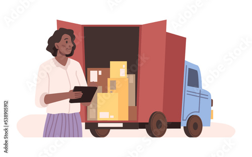 Female character manager of logistics company controlling transporting process. Woman standing by truck loaded with parcels. Vector in flat cartoon style
