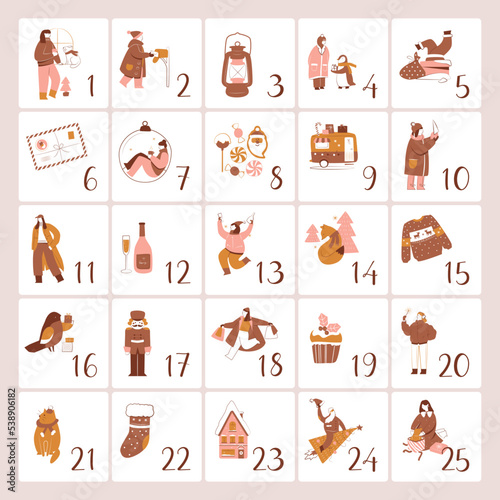Hand drawn Christmas elements advent calendar template