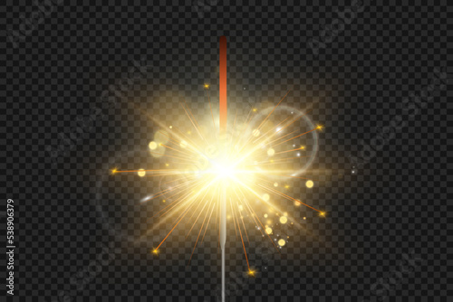 Magical light. Sparkler. Candle sparkling on the background. Realistic vector light effect. Winter, seasonal christmas decoration illustration.	