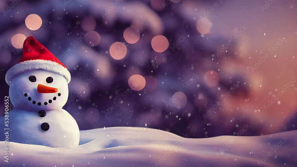 A computer generated 3D illustration composite of a snowman wearing a Santa hat in a winter wonderland Christmas background with snow falling loop. A.I. generated art. A computer generated 3D illustration composite of a snowman wearing a Santa hat in a winter wonderland Christmas background with snow falling loop. A.I. generated art.