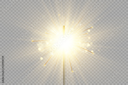Magical light. Sparkler. Candle sparkling on the background. Realistic vector light effect. Winter, seasonal christmas decoration illustration.	