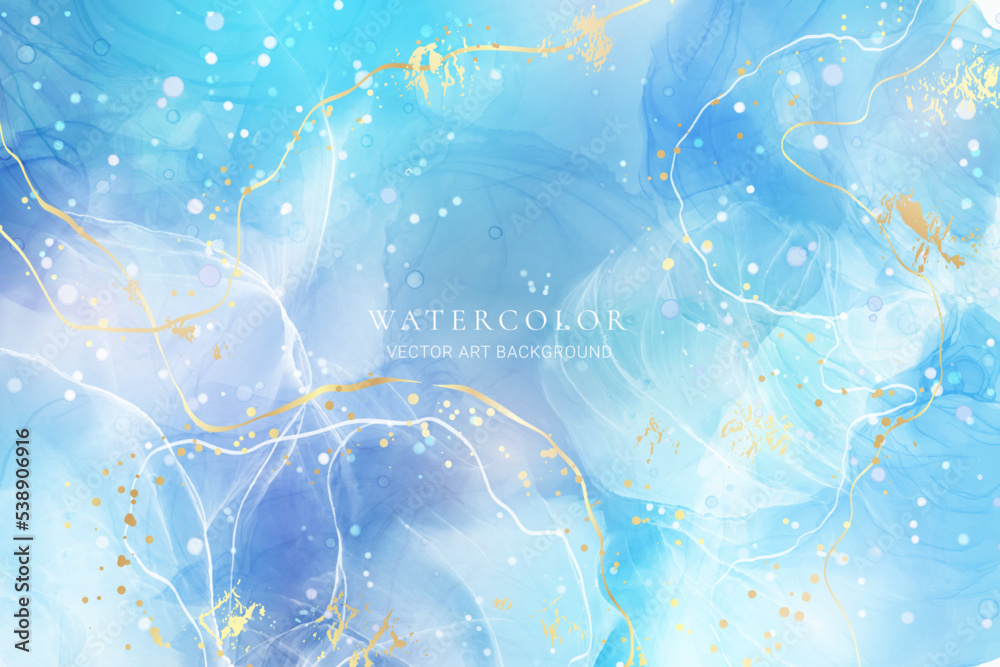 Violet cyan blue liquid watercolor background with golden stains. Teal mauve purple marble alcohol ink drawing effect. Vector illustration design template for wedding invitation, menu, rsvp