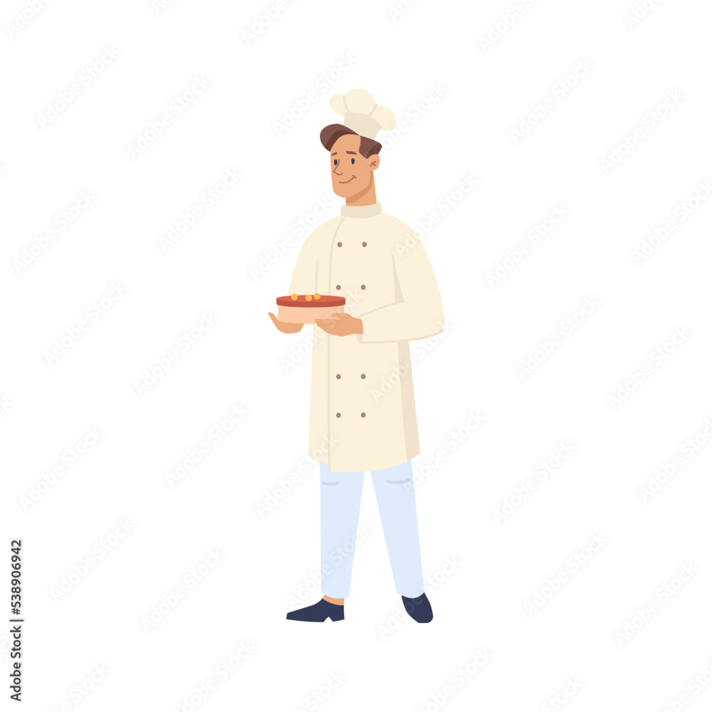 Baker producing cakes and desserts, isolated chef local business and production. Man wearing uniform, confectionery and pastry. Vector in flat cartoon style Baker producing cakes and desserts, isolated chef local business and production. Man wearing uniform, confectionery and pastry. Vector in flat cartoon style