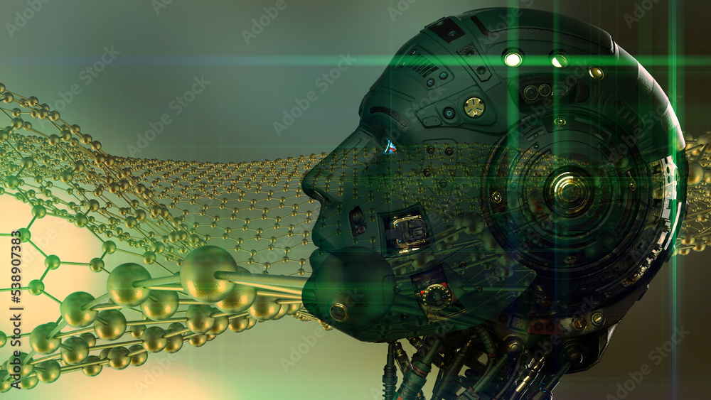 Fototapeta premium Detailed appearance of the deep green AI robot and gold fine hexagonal atoms under yellow background. Concept 3D CG of vaccine development, regenerative and advanced medicine.