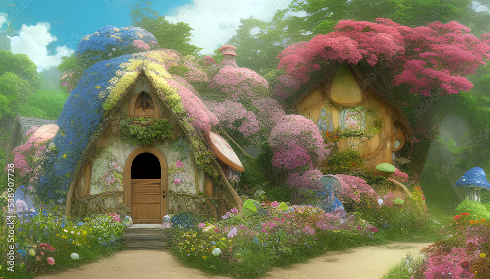 Fantasy fairy house on the green forest with blue sky. Digital painting