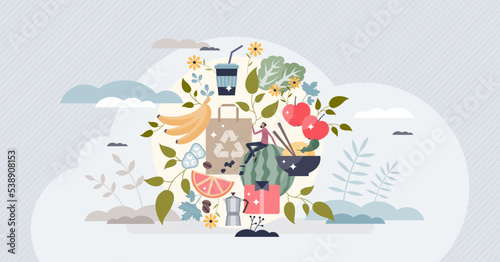 Eco friendly products with recyclable and organic packaging tiny person concept. Grocery items from zero waste shops as natural, sustainable and responsible consumption lifestyle vector illustration.