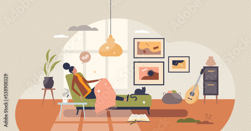 Hygge lifestyle with warm and cozy home interior feeling tiny person concept. Indoor design for relaxation with scandinavian fall style for atmospheric mood and romantic wellbeing vector illustration.