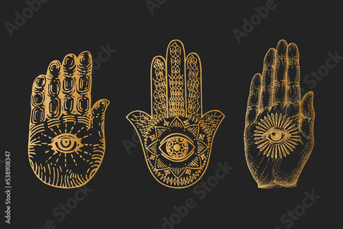 Hamsa, Eye of Providence on palm, vector sketches.