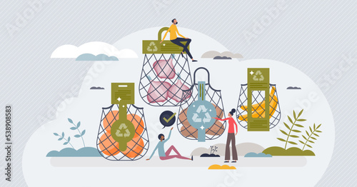 Environmental friendly packaging with eco recyclable bag tiny person concept. Grocery shopping with organic and reusable container without plastic vector illustration. Nature friendly package material