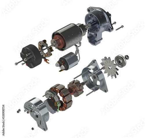 Car starter and alternator in exploded view 3D illustration isolated on white background