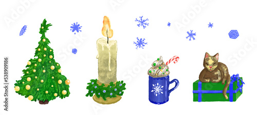 Cute hand drawn watercolor set of Christmas elements. Xmas tree and candle near mug and cat on box. Cartoon style watercolour collection of festive elements isolated on white background. Filmi grain. © Ольга Ким