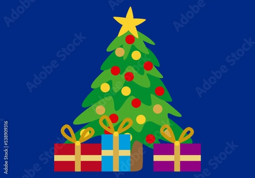 Árbol de navidad con regalos en fondo azul.