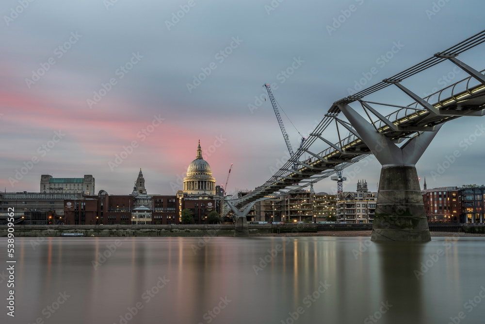 St Paul's Cathedral, at sunset, taken from the south bank of the river Thames.  