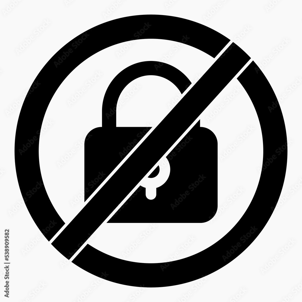 No lock. Not closed. Lock ban. Remove restrictions. Vector icon.