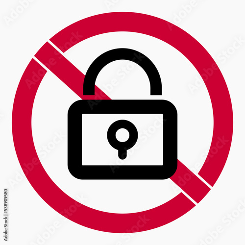 No lock. Not closed. Lock ban. Remove restrictions. Vector icon.