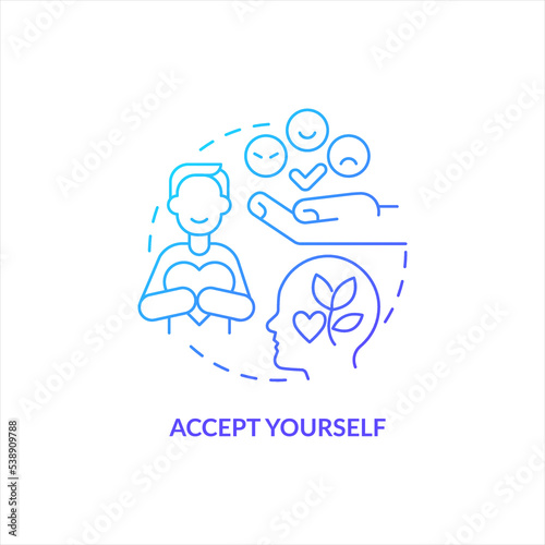 Accept yourself blue gradient concept icon. Self love benefit. Overcoming lack of confidence abstract idea thin line illustration. Isolated outline drawing. Myriad Pro-Bold font used