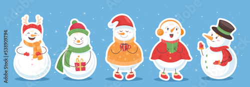 Cute Christmas snowman stickers. Vector set of winter holidays snowmen in different costume with xmas gift, cup of cacao, songbook, book. Winter icon for greeting card, poster, sticker, web banner.