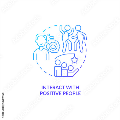 Interact with positive people blue gradient concept icon. Communication. Overcoming lack of confidence abstract idea thin line illustration. Isolated outline drawing. Myriad Pro-Bold font used