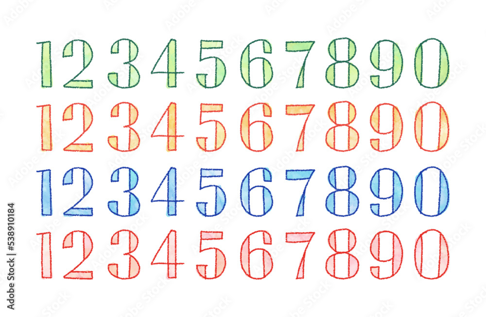 watercolor hand drawn colorful doodle numbers