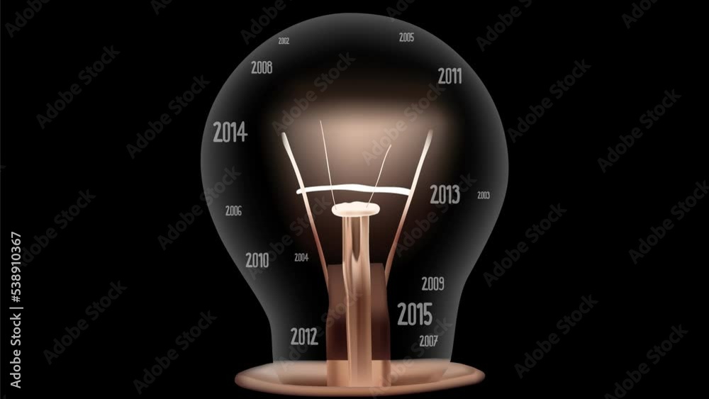 Shining light bulb with New Year 2023 and group of old year numbers going from 2002 to 2022 isolated on black background. Seamless looping. High quality 4k video.