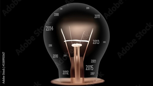 Shining light bulb with New Year 2023 and group of old year numbers going from 2002 to 2022 isolated on black background. Seamless looping. High quality 4k video.